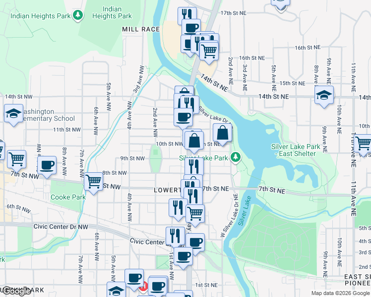 map of restaurants, bars, coffee shops, grocery stores, and more near 908 North Broadway Avenue in Rochester