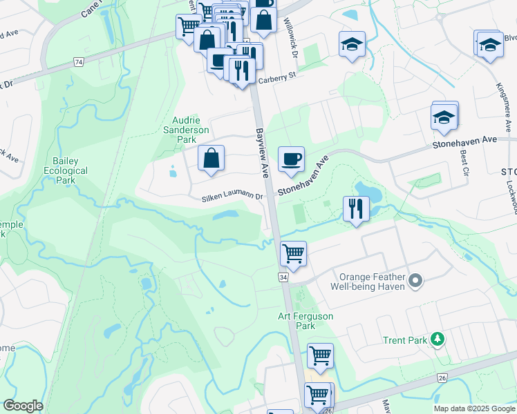 map of restaurants, bars, coffee shops, grocery stores, and more near 520 Silken Laumann Drive in Newmarket