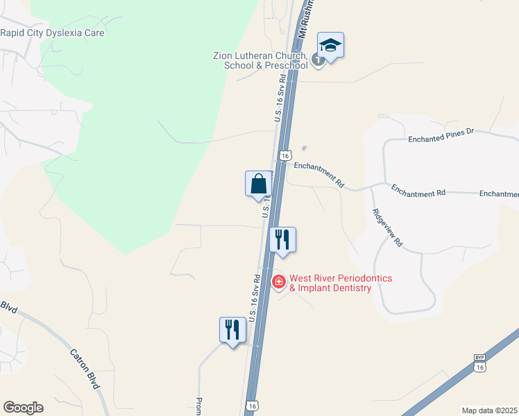 map of restaurants, bars, coffee shops, grocery stores, and more near 5201 U.S. 16 Srv Road in Rapid City