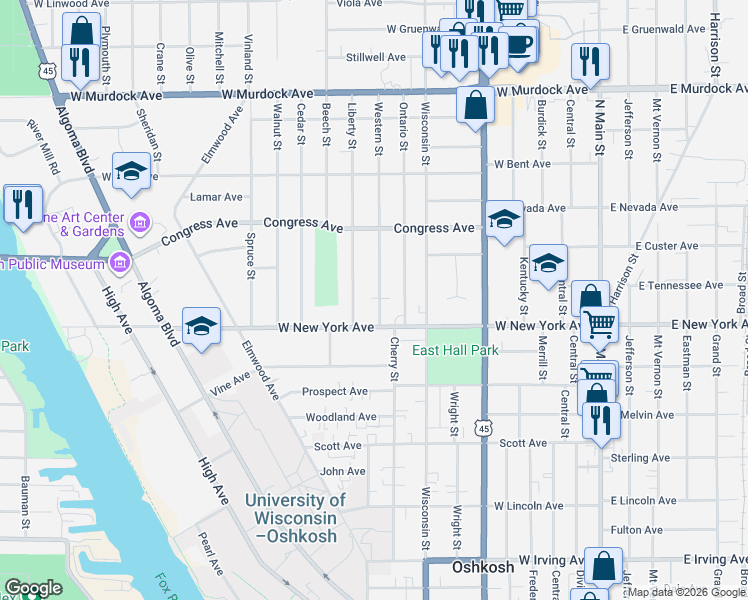 map of restaurants, bars, coffee shops, grocery stores, and more near 1214 Liberty Street in Oshkosh