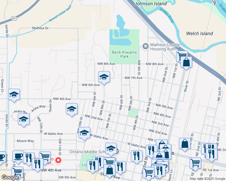 map of restaurants, bars, coffee shops, grocery stores, and more near 590 Northwest 8th Street in Ontario