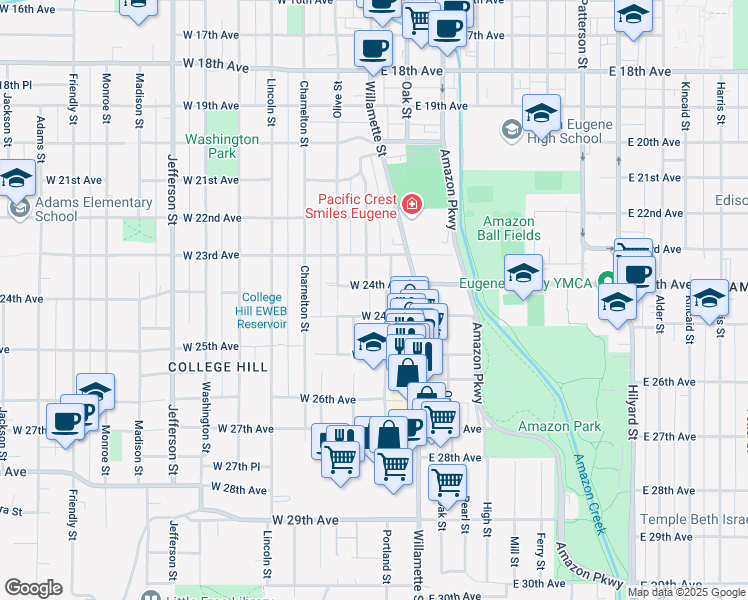 map of restaurants, bars, coffee shops, grocery stores, and more near 2418 Portland Street in Eugene