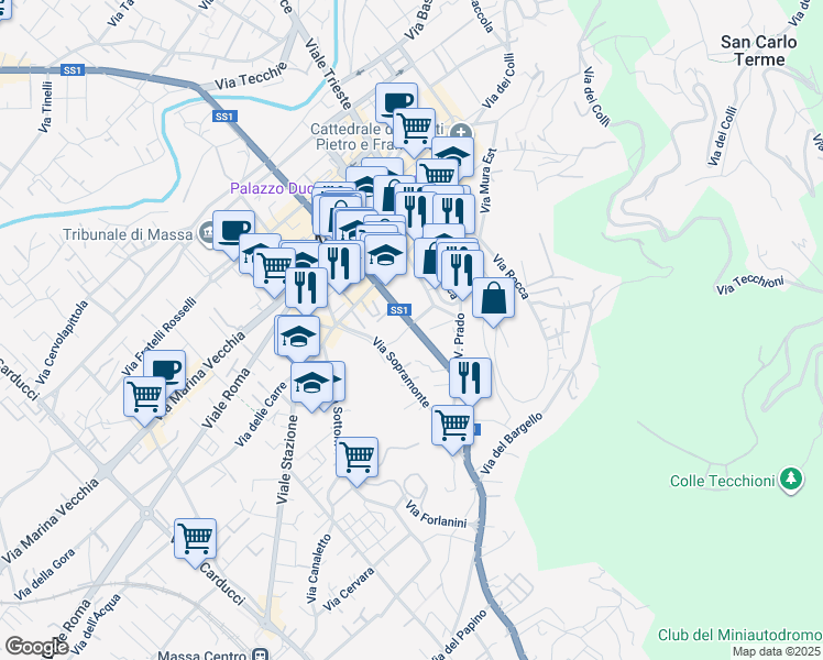 map of restaurants, bars, coffee shops, grocery stores, and more near 13 Via Ponticello Sud in Massa