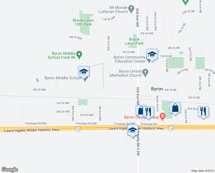 map of restaurants, bars, coffee shops, grocery stores, and more near 401 4th Street Northwest in Byron