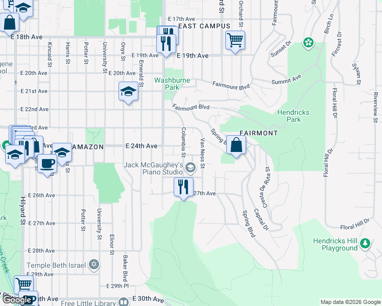map of restaurants, bars, coffee shops, grocery stores, and more near 2528 Chula Vista Boulevard in Eugene