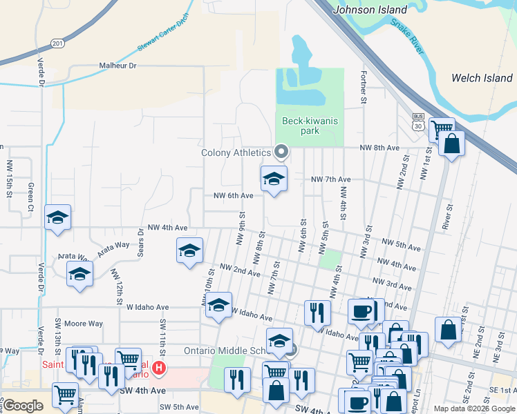 map of restaurants, bars, coffee shops, grocery stores, and more near 461 Northwest 8th Street in Ontario