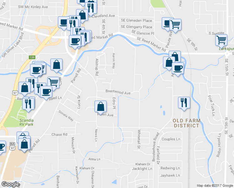 map of restaurants, bars, coffee shops, grocery stores, and more near 61498 Edro Place in Bend