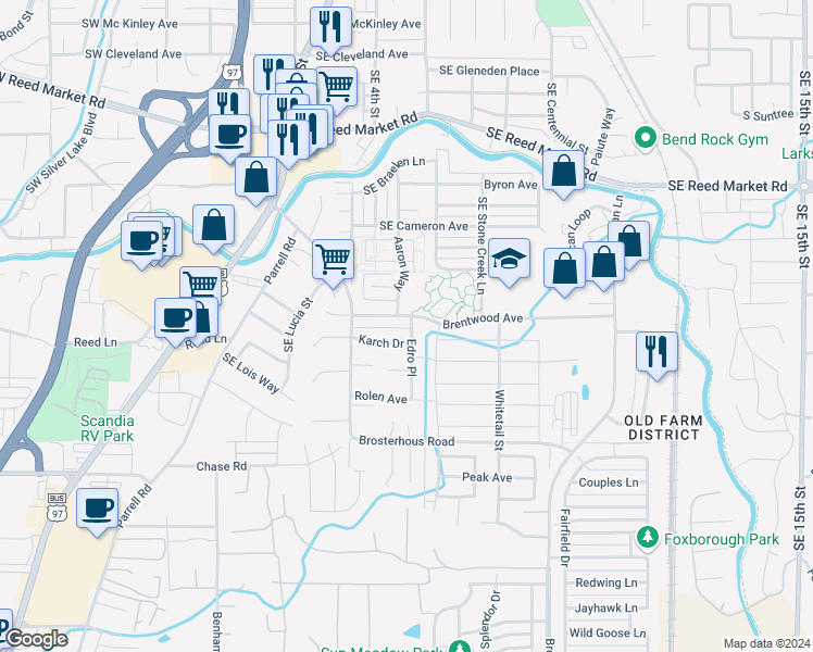 map of restaurants, bars, coffee shops, grocery stores, and more near 61498 Edro Place in Bend