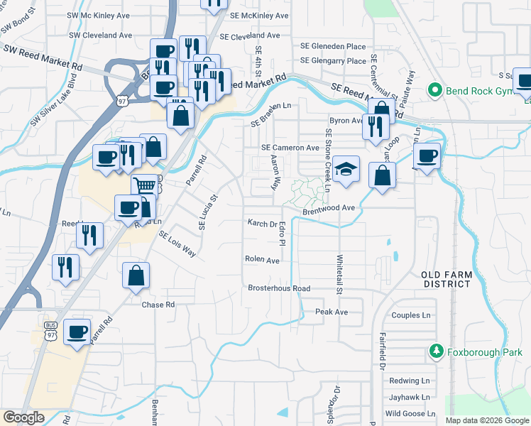 map of restaurants, bars, coffee shops, grocery stores, and more near 20467 Karch Drive in Bend