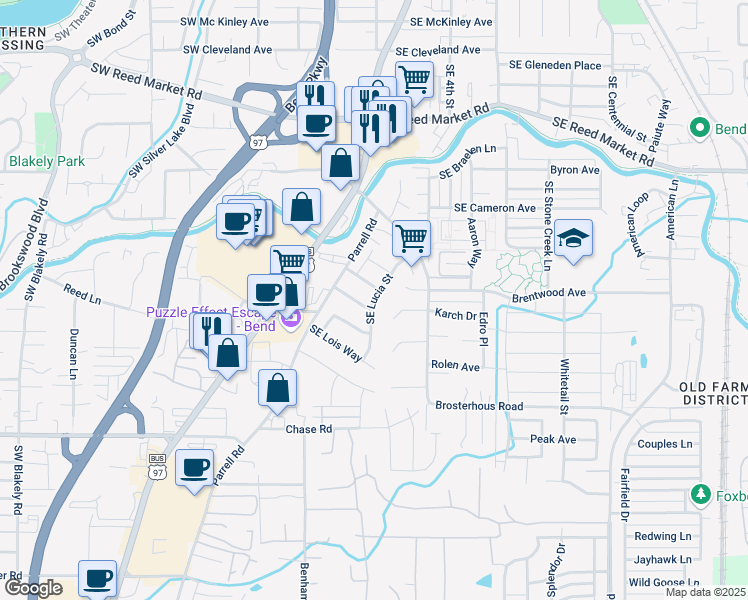 map of restaurants, bars, coffee shops, grocery stores, and more near 20410 Trap Court in Bend