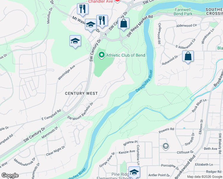map of restaurants, bars, coffee shops, grocery stores, and more near 19717 Southwest Mount Bachelor Drive in Bend