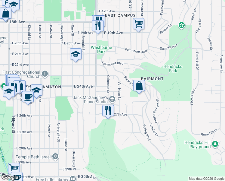 map of restaurants, bars, coffee shops, grocery stores, and more near 2528 Chula Vista Boulevard in Eugene