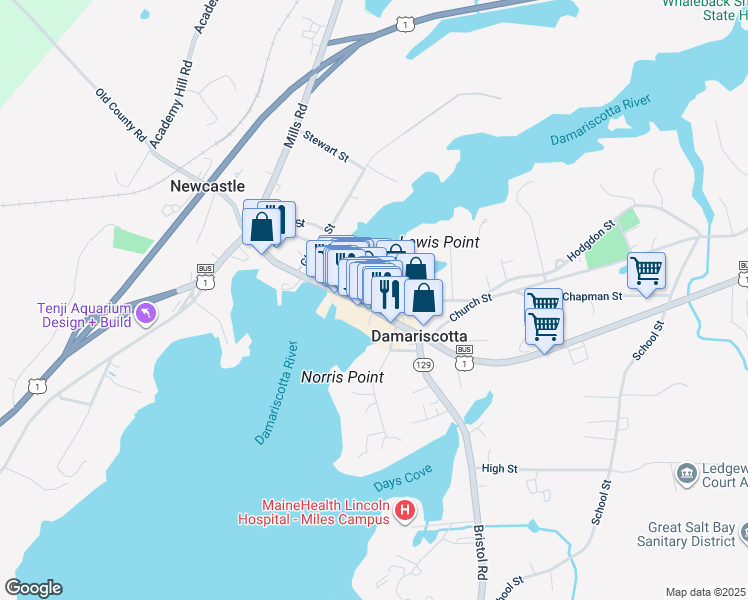 map of restaurants, bars, coffee shops, grocery stores, and more near in Damariscotta-Newcastle
