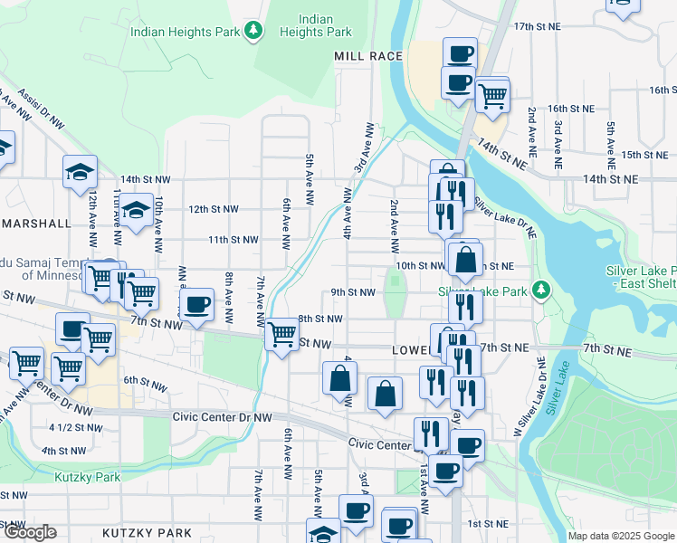 map of restaurants, bars, coffee shops, grocery stores, and more near 415 9th Street Northwest in Rochester