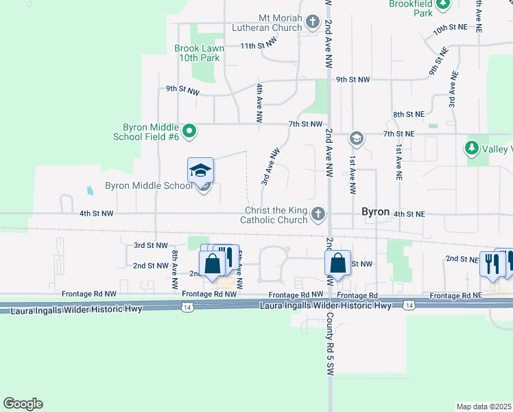 map of restaurants, bars, coffee shops, grocery stores, and more near 334 4th Street Northwest in Byron