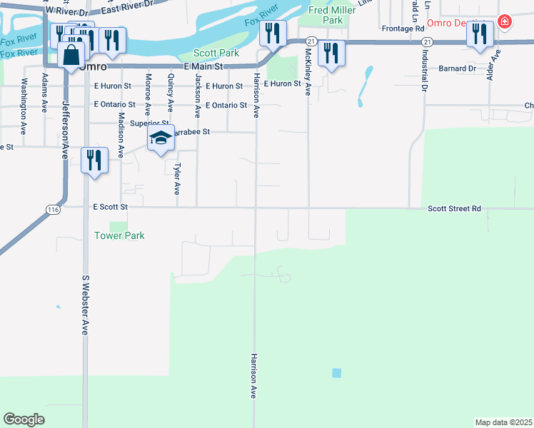 map of restaurants, bars, coffee shops, grocery stores, and more near 842 Harrison Avenue in Omro