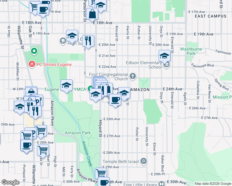 map of restaurants, bars, coffee shops, grocery stores, and more near 2430 Kincaid Street in Eugene