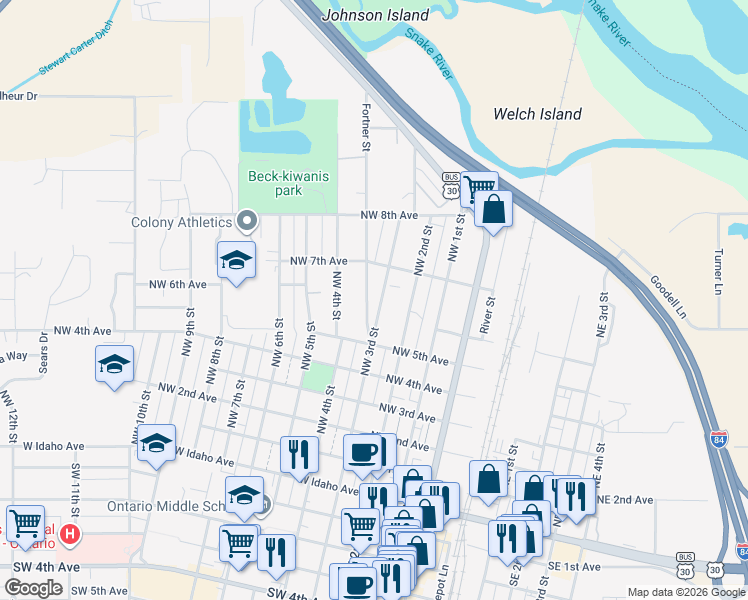 map of restaurants, bars, coffee shops, grocery stores, and more near 596 Fortner Street in Ontario