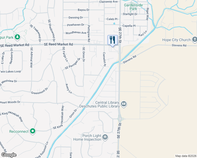map of restaurants, bars, coffee shops, grocery stores, and more near 61490 Camelot Place in Bend
