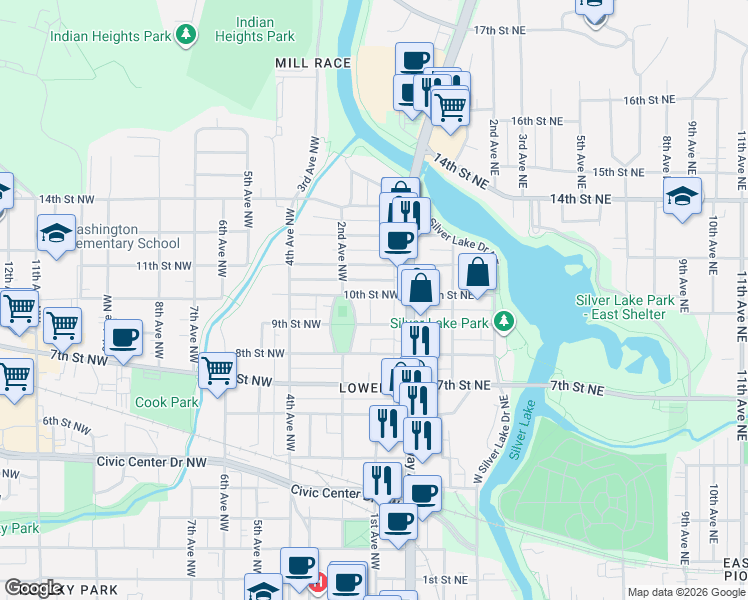 map of restaurants, bars, coffee shops, grocery stores, and more near 32 10th Street Northwest in Rochester
