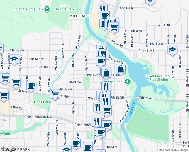 map of restaurants, bars, coffee shops, grocery stores, and more near 32 10th Street Northwest in Rochester
