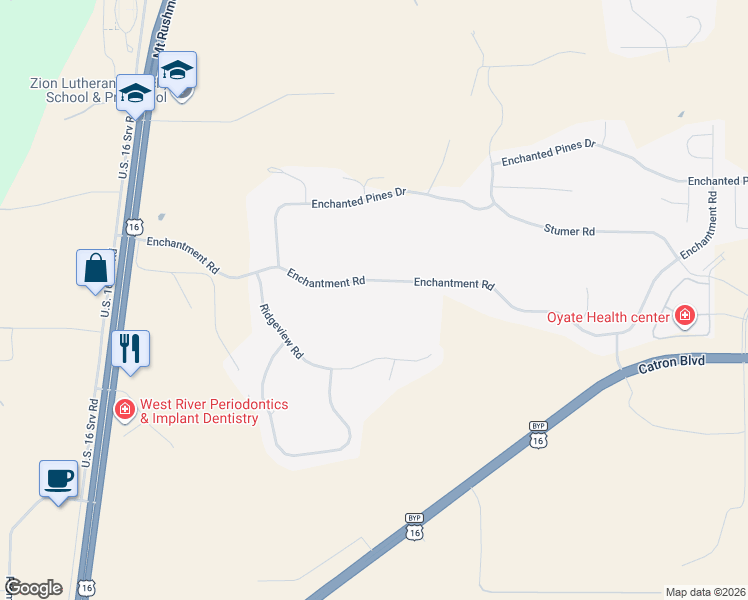 map of restaurants, bars, coffee shops, grocery stores, and more near 1015 Enchantment Road in Rapid City
