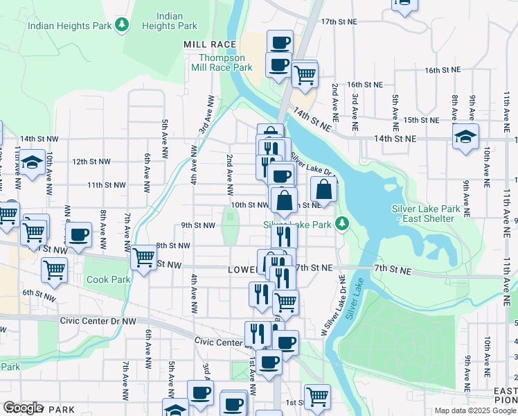 map of restaurants, bars, coffee shops, grocery stores, and more near 29 9th Street Northwest in Rochester
