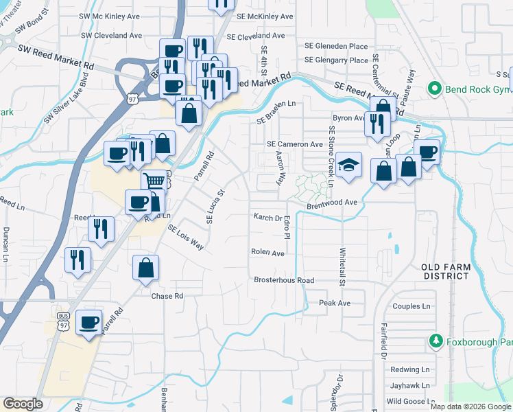 map of restaurants, bars, coffee shops, grocery stores, and more near 20467 Karch Drive in Bend