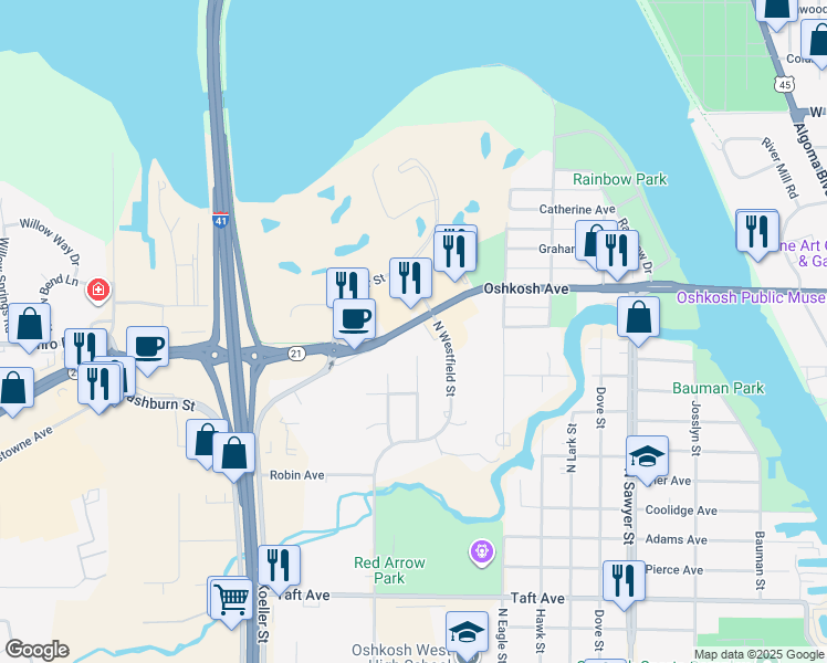 map of restaurants, bars, coffee shops, grocery stores, and more near 1230 Locust Street in Oshkosh
