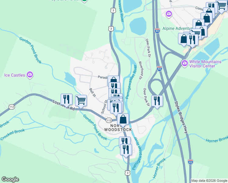 map of restaurants, bars, coffee shops, grocery stores, and more near 151 Main Street in Woodstock