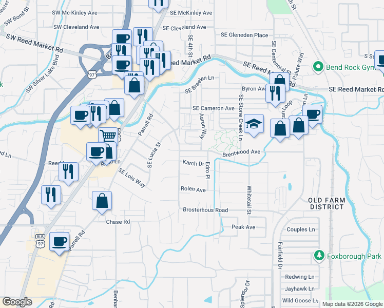 map of restaurants, bars, coffee shops, grocery stores, and more near 20467 Karch Drive in Bend