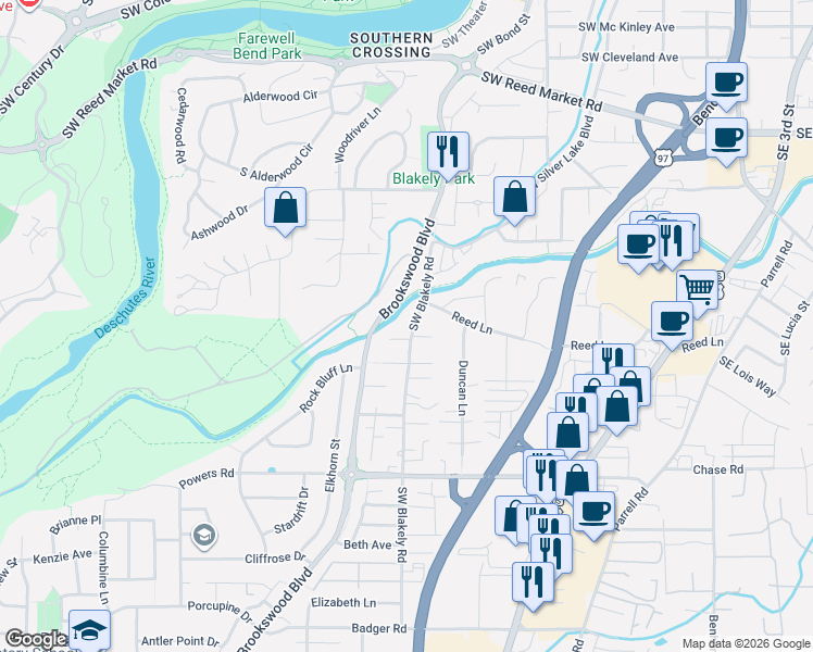map of restaurants, bars, coffee shops, grocery stores, and more near 61476 Blakely Road in Bend