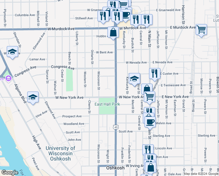 map of restaurants, bars, coffee shops, grocery stores, and more near 422 West New York Avenue in Oshkosh