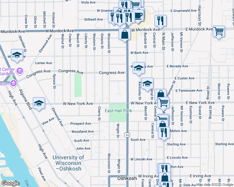 map of restaurants, bars, coffee shops, grocery stores, and more near 422 West New York Avenue in Oshkosh