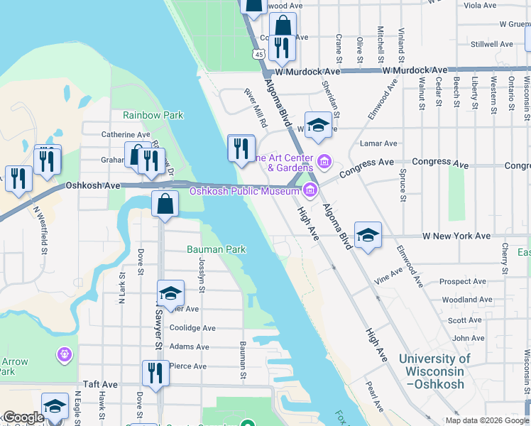 map of restaurants, bars, coffee shops, grocery stores, and more near 1335 Summit Avenue in Oshkosh