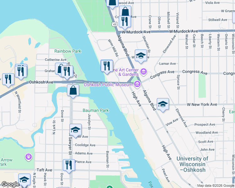 map of restaurants, bars, coffee shops, grocery stores, and more near 1335 Summit Avenue in Oshkosh