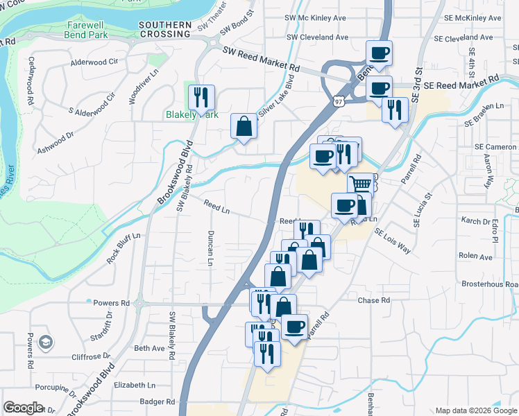 map of restaurants, bars, coffee shops, grocery stores, and more near 20187 Reed Lane in Bend