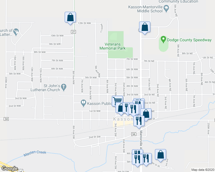 map of restaurants, bars, coffee shops, grocery stores, and more near 4th Avenue Northwest in Kasson