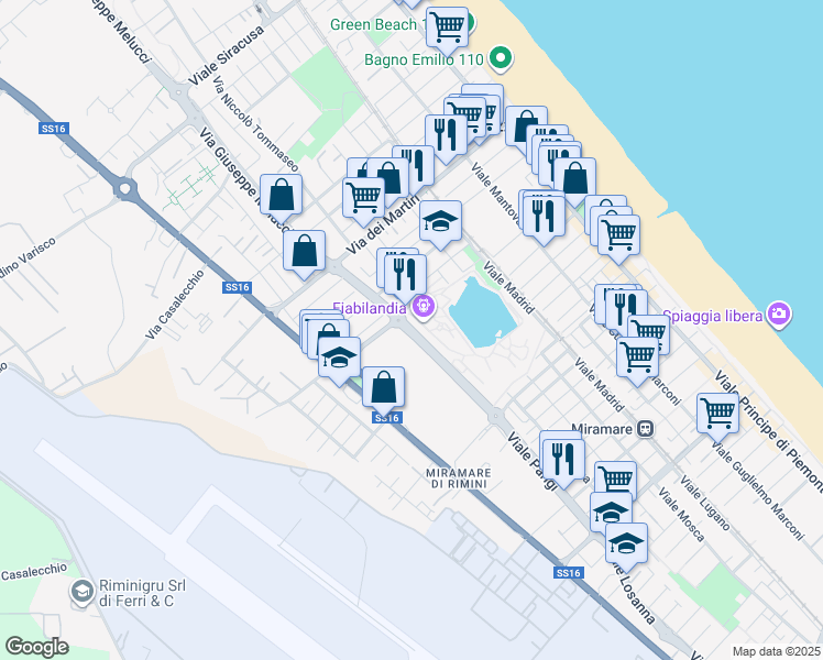 map of restaurants, bars, coffee shops, grocery stores, and more near Via Giorgio Ambrosoli in Rimini