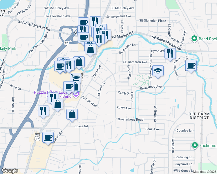 map of restaurants, bars, coffee shops, grocery stores, and more near 61495 Brosterhous Road in Bend
