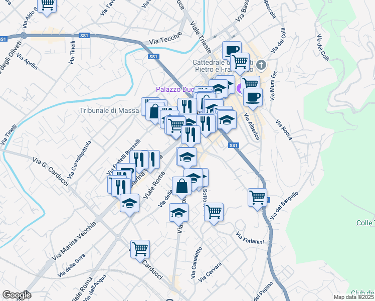 map of restaurants, bars, coffee shops, grocery stores, and more near 41 Viale Roma in Massa