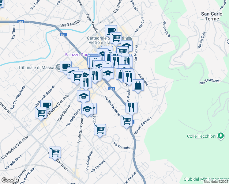 map of restaurants, bars, coffee shops, grocery stores, and more near 1-13 Via Ponticello Sud in Massa