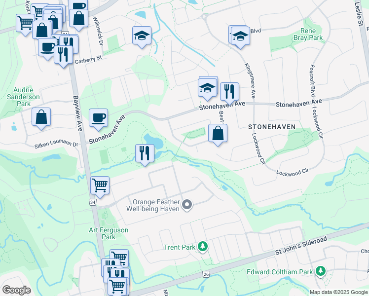 map of restaurants, bars, coffee shops, grocery stores, and more near 828 Best Circle in Newmarket