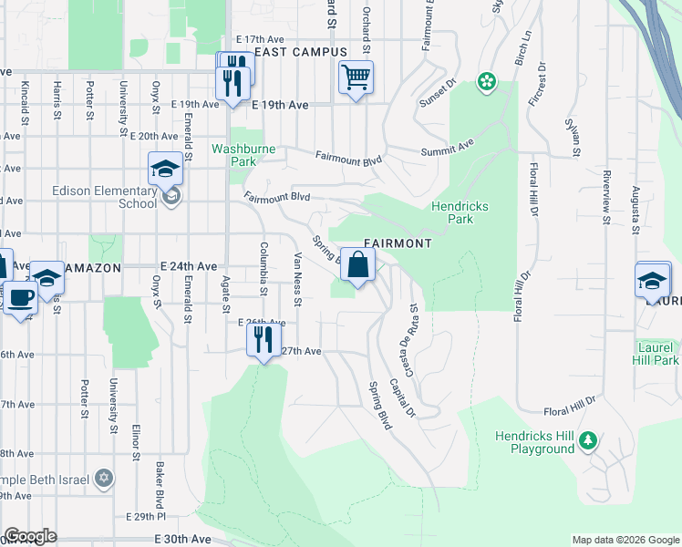 map of restaurants, bars, coffee shops, grocery stores, and more near 2498 Mission Avenue in Eugene