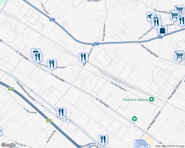 map of restaurants, bars, coffee shops, grocery stores, and more near 13 Via Bordigona in Massa