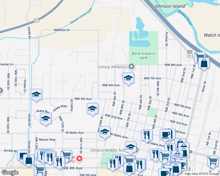 map of restaurants, bars, coffee shops, grocery stores, and more near 1022 Northwest 5th Avenue in Ontario