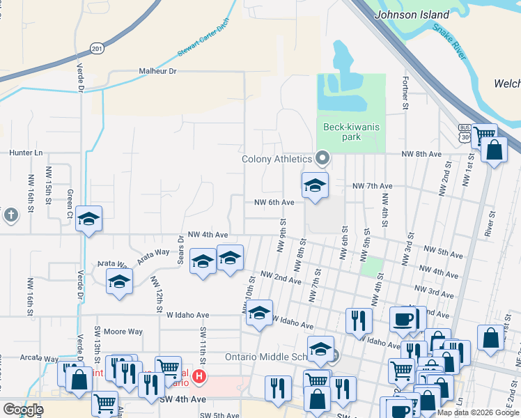 map of restaurants, bars, coffee shops, grocery stores, and more near 1022 Northwest 5th Avenue in Ontario