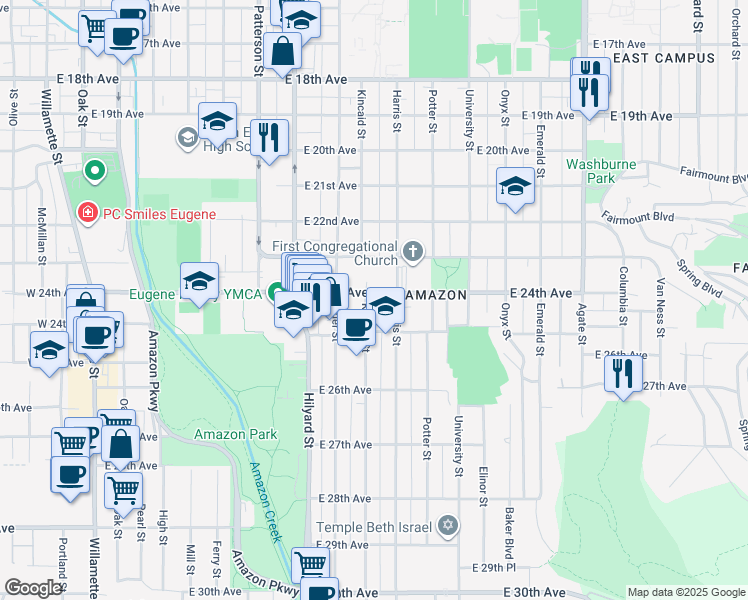 map of restaurants, bars, coffee shops, grocery stores, and more near 2474 Harris Street in Eugene