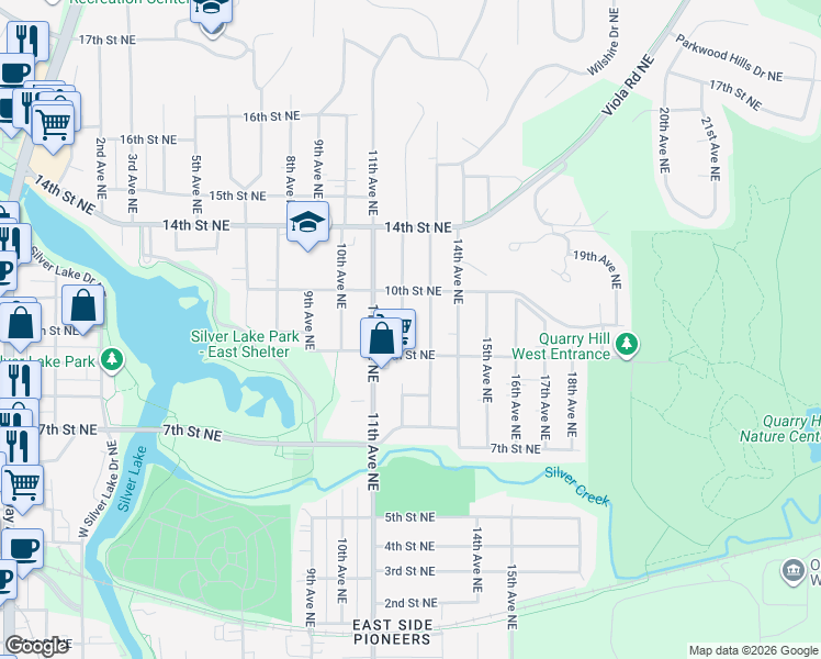 map of restaurants, bars, coffee shops, grocery stores, and more near 903 12th Avenue Northeast in Rochester