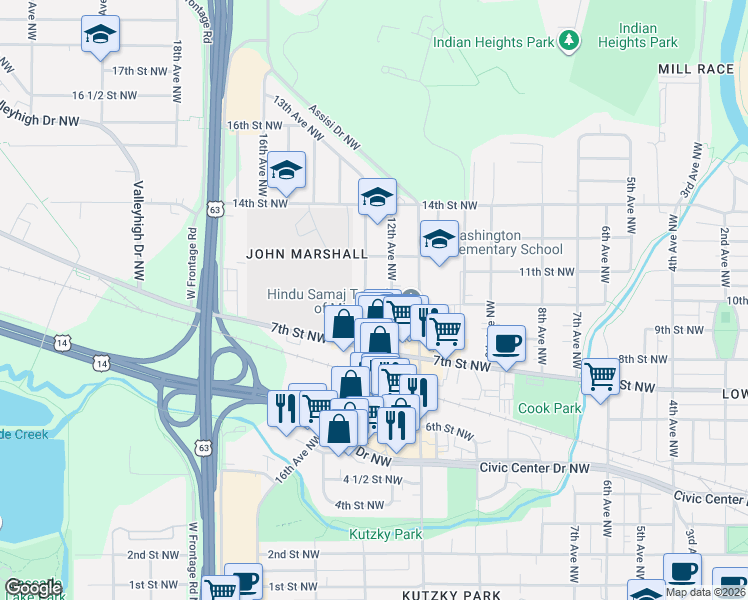 map of restaurants, bars, coffee shops, grocery stores, and more near 1211 9th Street Northwest in Rochester